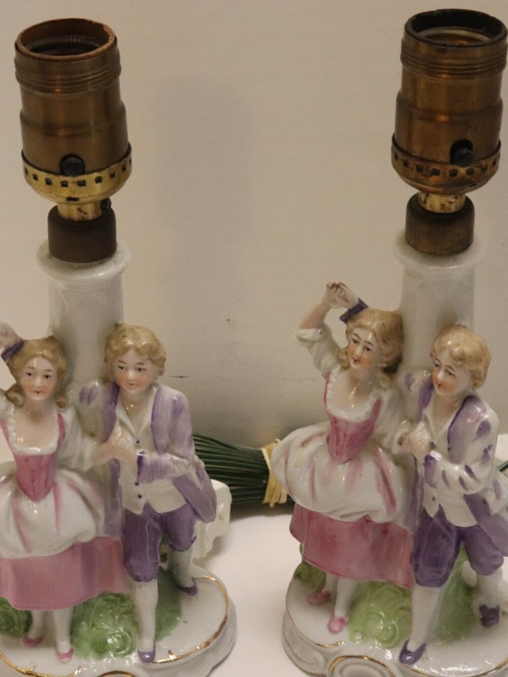 2 Vinage Porcelain Dancing Colonial Victorian Couple Lamps No Shades